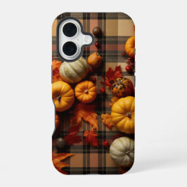 BROWN ORANGE YELLOW FALL PLAID PATTERN & PUMPKINS iPhone 16ケース