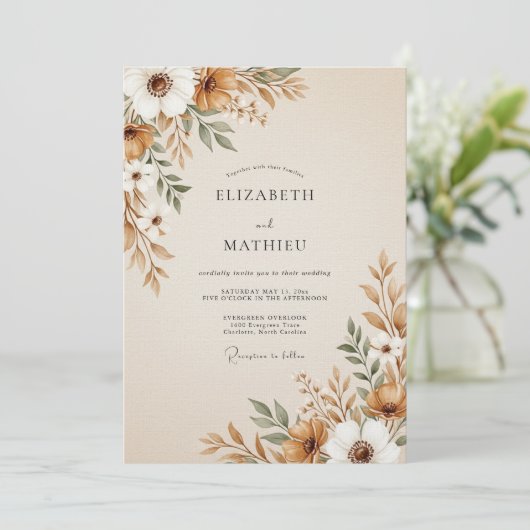 Brown Painterly Floral Flourish Wedding 招待状 (スタンド正面)