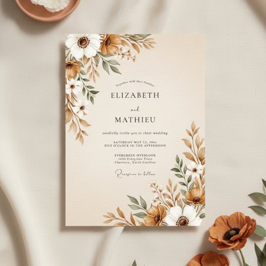 Brown Painterly Floral Flourish Wedding 招待状