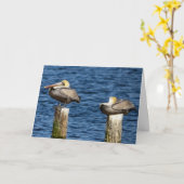 Brown Pelican Pair Roosting on Posts Greeting カード (黄色い花)