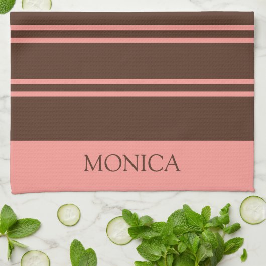  Brown Pink Stripes Script Name Kitchen Towels キッチンタオル (折り畳み)