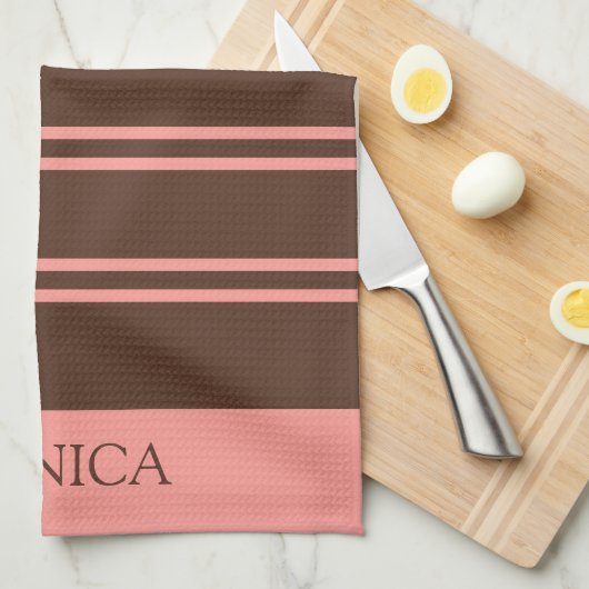  Brown Pink Stripes Script Name Kitchen Towels キッチンタオル (四つ折り)
