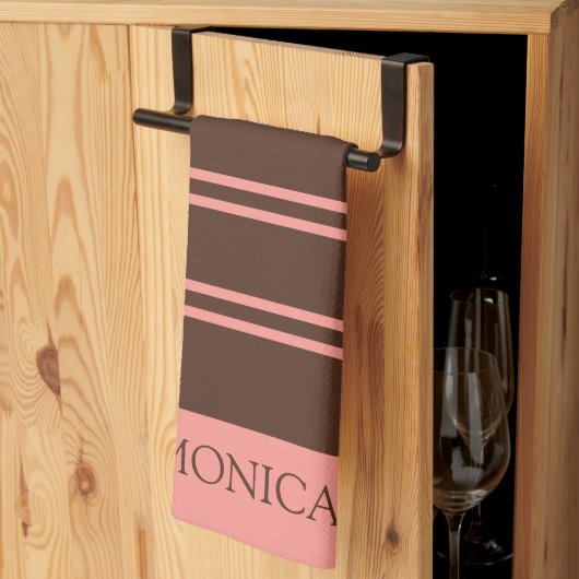  Brown Pink Stripes Script Name Kitchen Towels キッチンタオル (三つ折り)