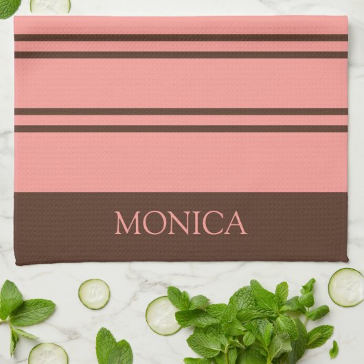  Brown Pink Stripes Script Name Kitchen Towels キッチンタオル (折り畳み)