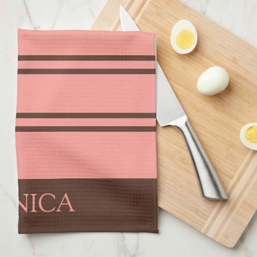  Brown Pink Stripes Script Name Kitchen Towels キッチンタオル (四つ折り)