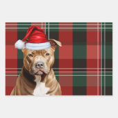 Brown Pit Bull Christmas Dog Red Green Plaid ラッピングペーパーシート (正面3)