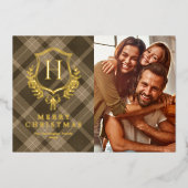 Brown Plaid Monogram Photo Christmas 箔シーズンカード (正面)