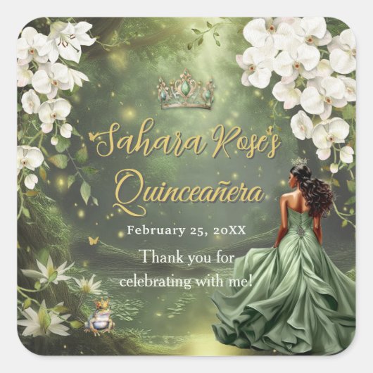 Brown Princess and Frog Sage Green Quinceanera 16 スクエアシール (正面)