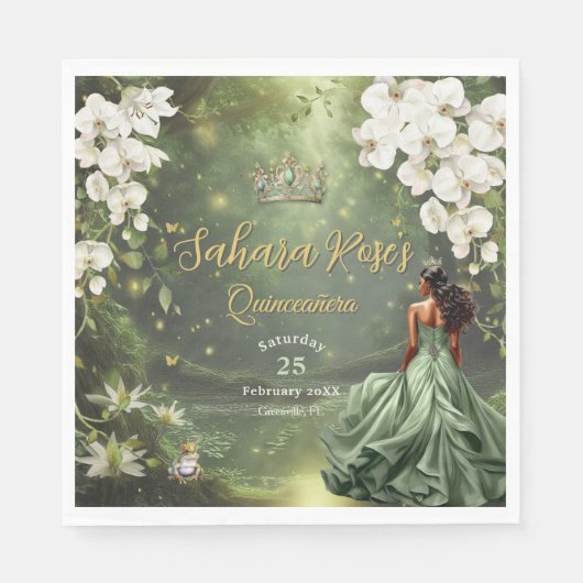 Brown Princess and Frog Sage Green Quinceanera 16 スタンダードランチョンナプキン (正面)
