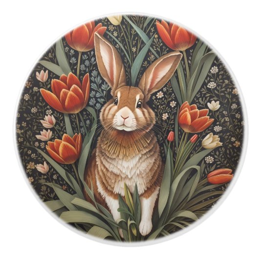 Brown Rabbit Red Tulips William Morris Inspired セラミックノブ (正面)