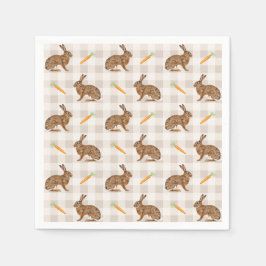 Brown Rabbits And Carrots Rustic Beige Gingham スタンダードカクテルナプキン