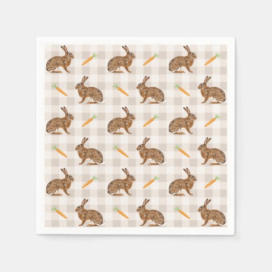 Brown Rabbits And Carrots Rustic Beige Gingham スタンダードカクテルナプキン (正面)