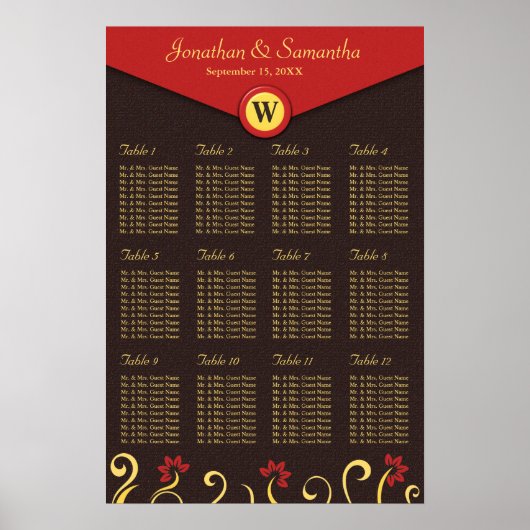 Brown Red Yellow Swirls Table Seating Chart 12 ポスター (正面)