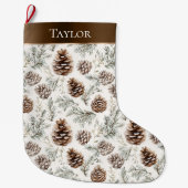 Brown Ribbon Silver Christmas Pine Cones ラージクリスマスストッキング (正面)