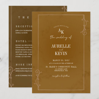 Brown Rustic Floral Marble Elegant QRcode Wedding 招待状