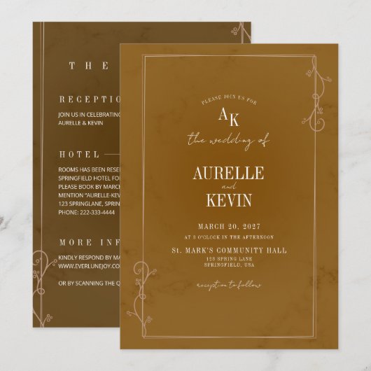  Brown Rustic Floral Marble Elegant QRcode Wedding 招待状 (正面/裏面)