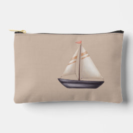 Brown Sailing Boat and Name on Beige アクセサリーポーチ