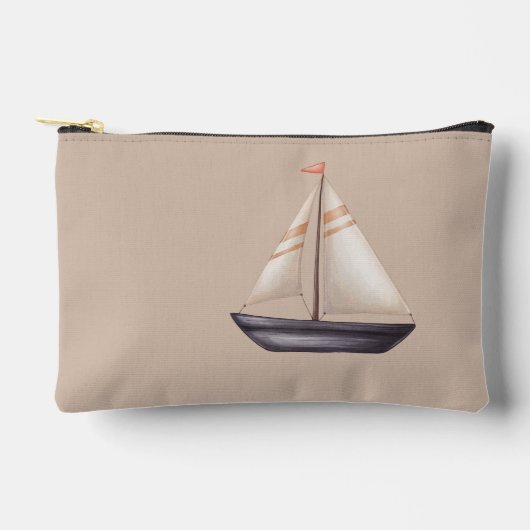 Brown Sailing Boat and Name on Beige アクセサリーポーチ (正面)