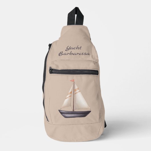 Brown Sailing Boat and Name on Beige スリングバッグ (正面)