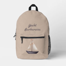 Brown Sailing Boat and Name on Beige プリントバックパック