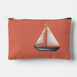 Brown Sailing Boat and Name on Red アクセサリーポーチ