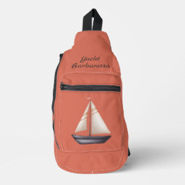 Brown Sailing Boat and Name on Red スリングバッグ