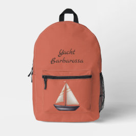 Brown Sailing Boat and Name on Red プリントバックパック