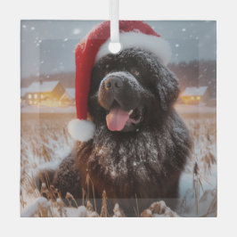 Brown Santa Newf Sitting in Snow Ornament ガラスオーナメント