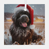 Brown Santa Newf Sitting in Snow Ornament ガラスオーナメント (裏面)