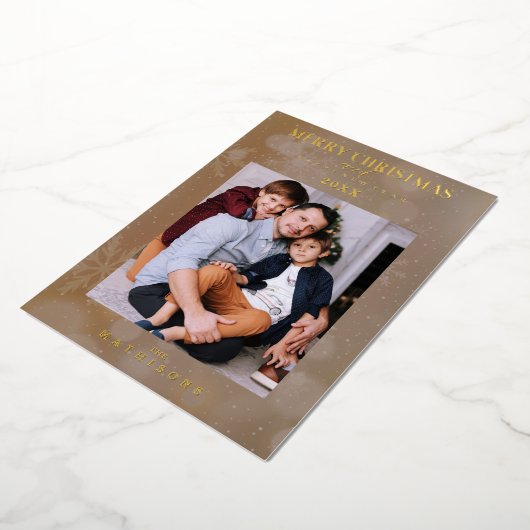 Brown Snowflake Christmas Modern Custom Photo 箔招待状 (回転した状態)
