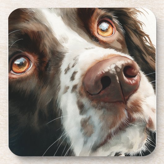 Brown springer spaniel portrait コースター (正面)