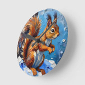 Brown Squirrel in the Snow ラウンド壁時計 (傾斜)