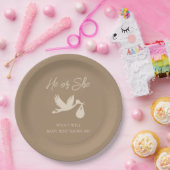 Brown Stork Baby Delivery He or She Gender Reveal ペーパープレート (パーティー)
