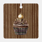 Brown Stripes Gold Ornament Christmas Cupcake メタルオーナメント (正面)