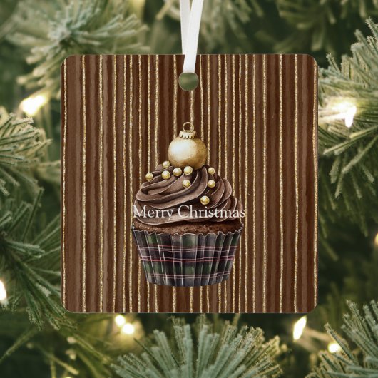 Brown Stripes Gold Ornament Christmas Cupcake メタルオーナメント (インサイチュ)