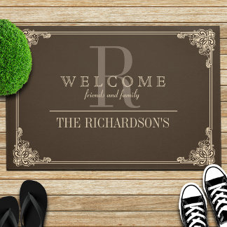 Brown|Taupe Corner Flowish Frame カスタム Monogram ドアマット