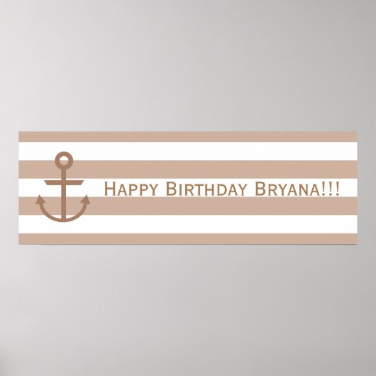 Brown Taupe & White Striped Anchor Custom Banner ポスター (正面)