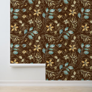 Brown Teal Gold Floral Pattern 壁紙