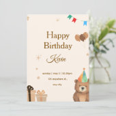 Brown Teddy Bear Birthday Invitation,Cute Neutral  招待状 (スタンド正面)