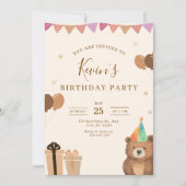 Brown Teddy Bear Birthday Invitation, Cute Neutral 招待状 (正面)