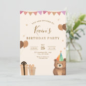 Brown Teddy Bear Birthday Invitation, Cute Neutral 招待状 (スタンド正面)