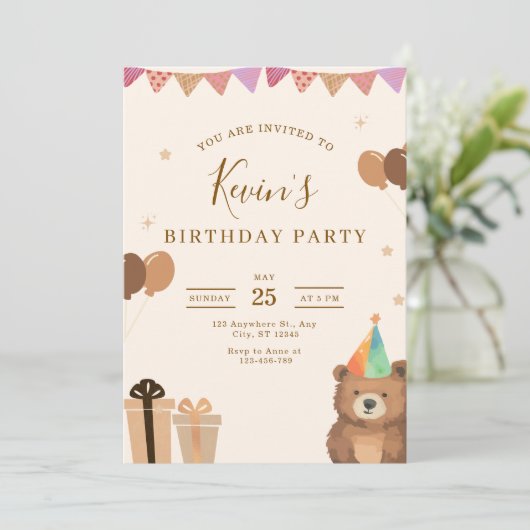 Brown Teddy Bear Birthday Invitation, Cute Neutral 招待状 (スタンド正面)