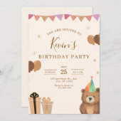 Brown Teddy Bear Birthday Invitation, Cute Neutral 招待状 (正面/裏面)