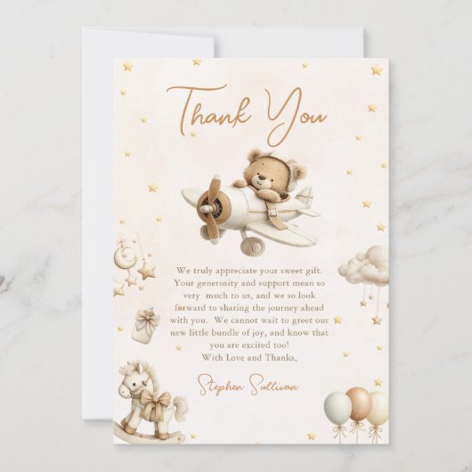 Brown Teddy Bear Plane Thank You Card (正面)