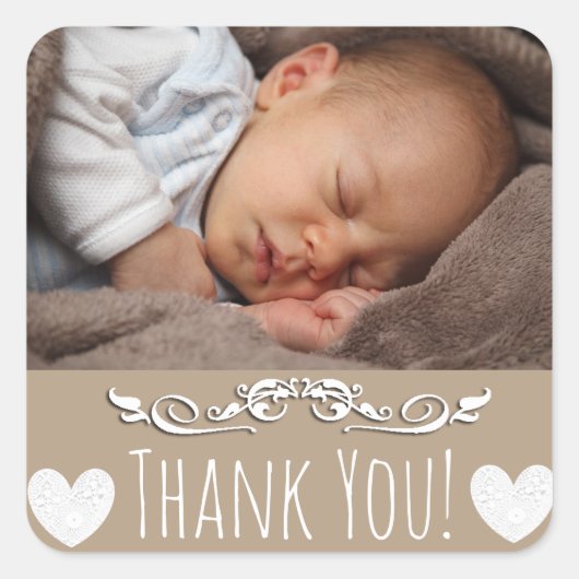 Brown Thank You Sticker with yourベビーの写真 スクエアシール (正面)