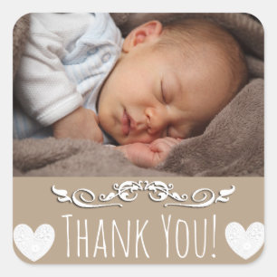 Brown Thank You Sticker with yourベビーの写真 スクエアシール