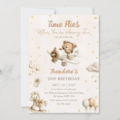 Brown Time Flies Airplane Teddy Bear Birthday 招待状 (正面)