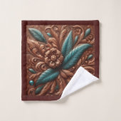 Brown Tooled Faux Leather and Teal Feathers バスタオルセット (ウォッシュタオル)