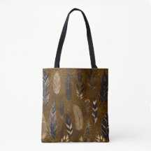 Brown Tote Bag with Feather Print