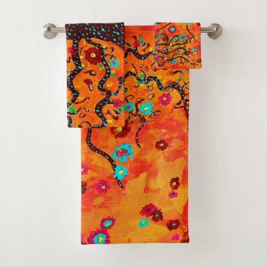 Brown Tree Of Life花とオレンジ色ボホ バスタオルセット (インサイチュ)